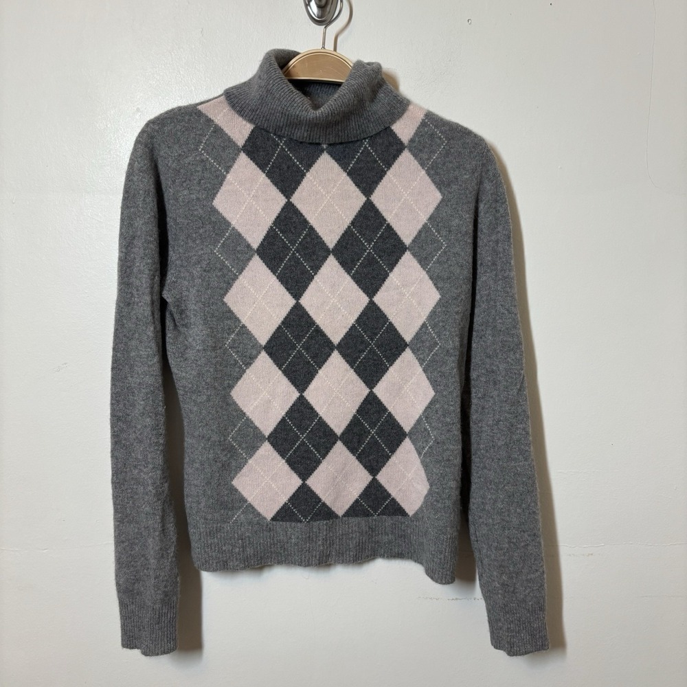 Apt. 9 Women's‎ 100% Cashmere Gray Argyle Turtleneck Sweater Preppy S Officecore